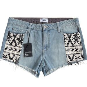 NWT PAIGE Keira Aztec Patch Raw Hem Denim Shorts Size 31